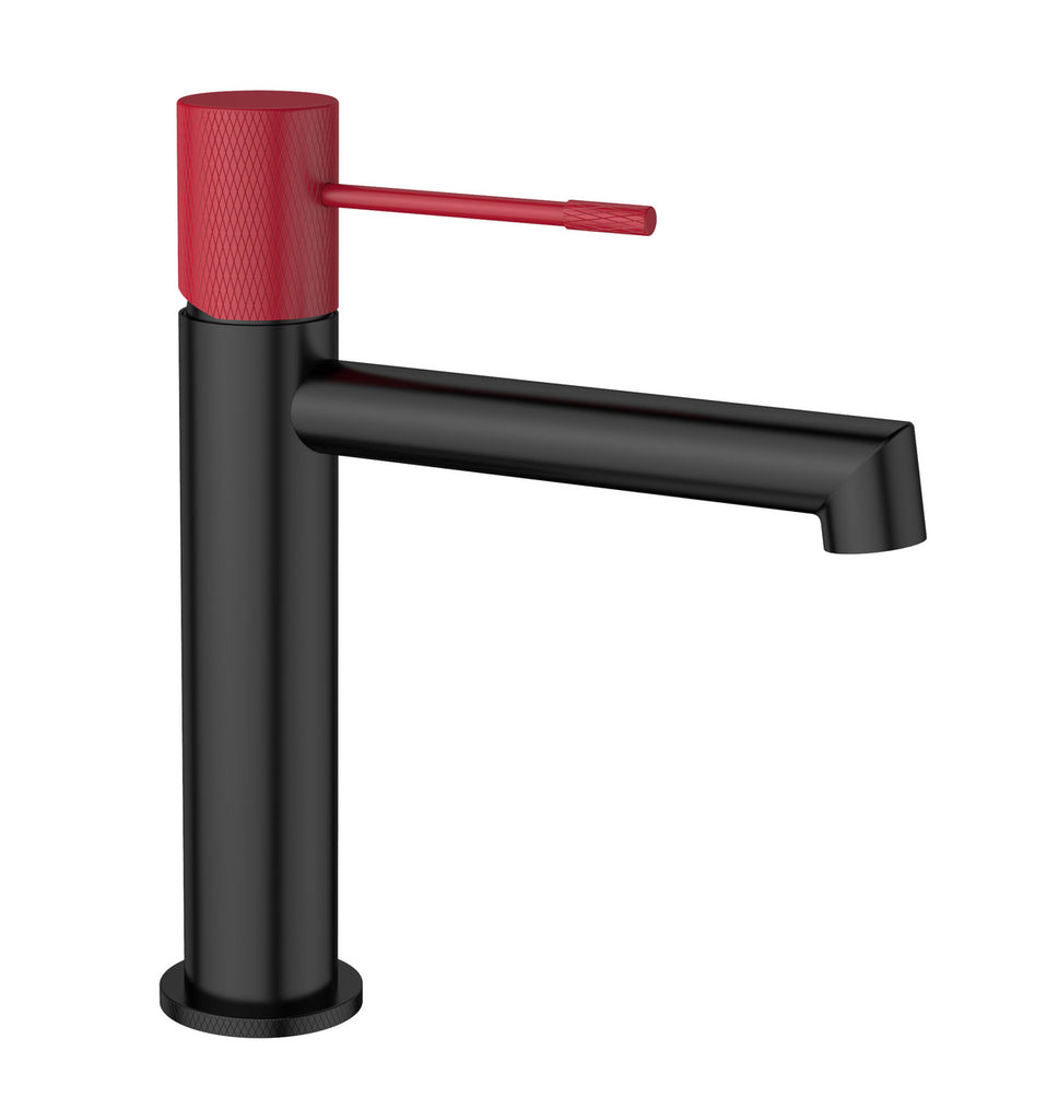Royal Tuscan Single Hole Bathroom Faucet: Modern Matte Black with Striking Red Handle