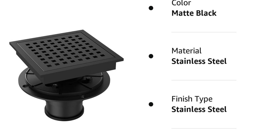 Tido 4x4 Square Shower Drain: Modern Matte Black Finish, Durable Steel