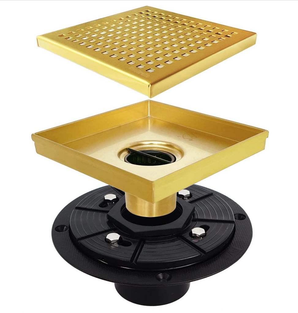 Luxury 6x6 Inch Square Shower Drain, Brushed Gold Finish, Durable Stainless Steel