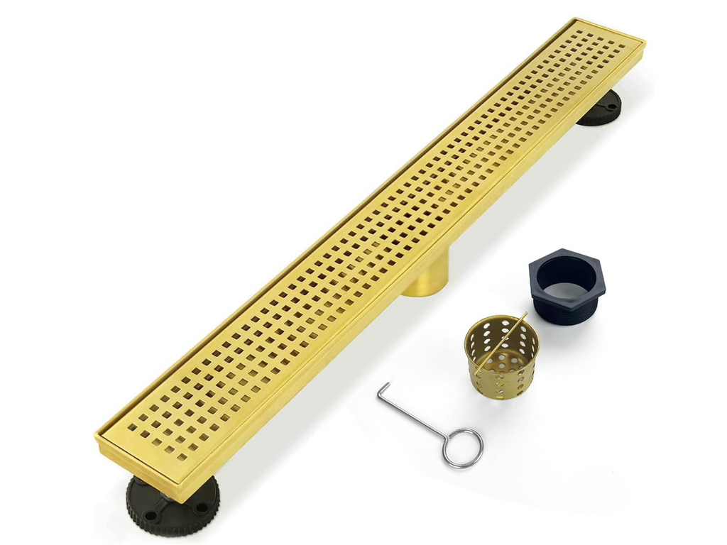 Tido 30-inch Brushed Gold Linear Shower Drain with Quattro Pattern Grate