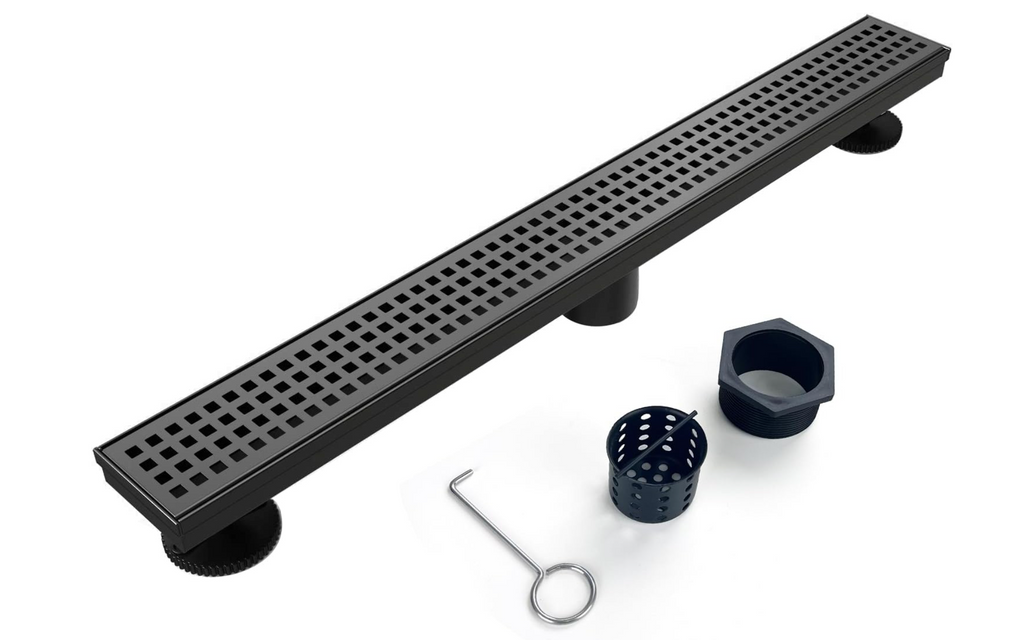 Tido 24-Inch Matte Black Linear Shower Drain with Quattro Pattern Grate